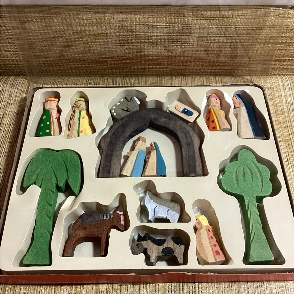 Hand-Painted and Carved Wooden Nativity Set - Multicolor